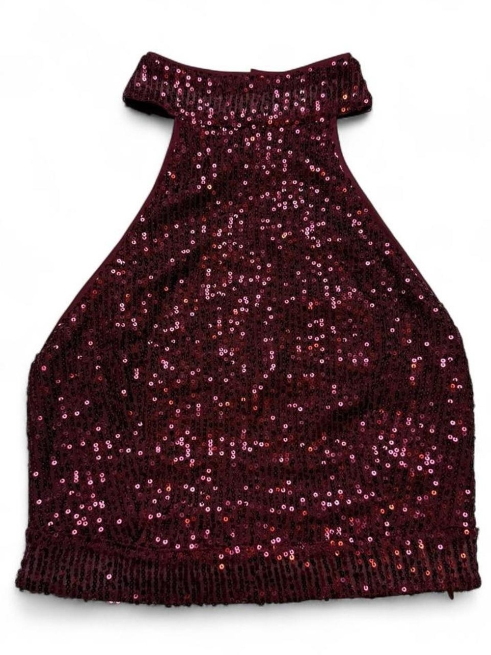 Lulus Burgundy Sequin High Neck Open Back Top Womens Size XS